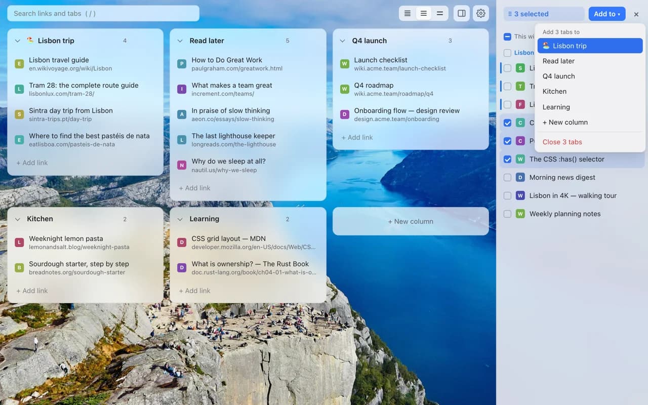 Three open tabs selected in the Open tabs panel, with the Add to menu listing the board's columns