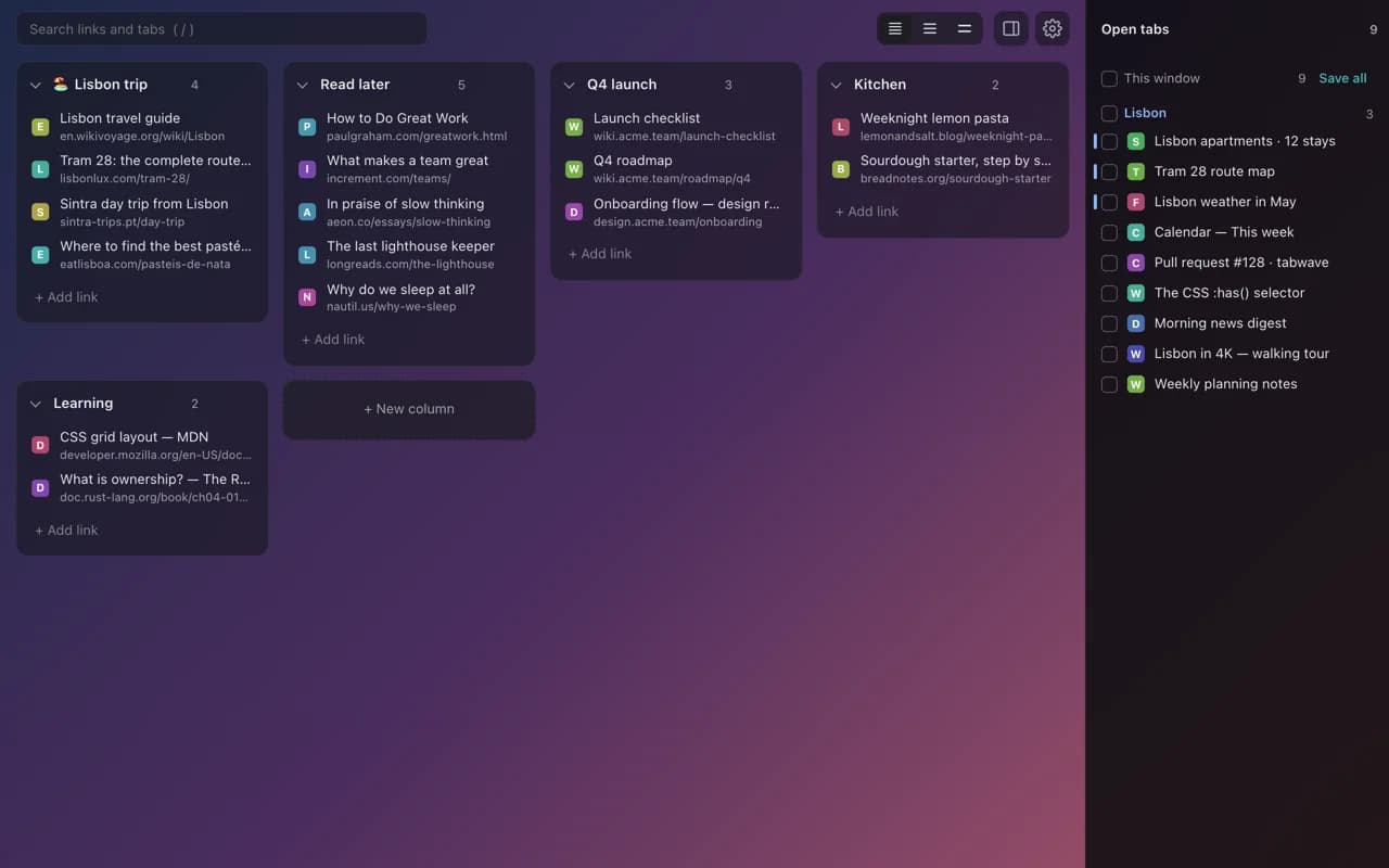 TabWave in the dark theme and compact size over a dusk gradient