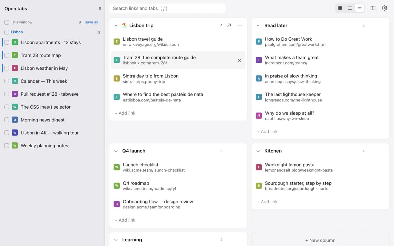TabWave in the light theme and spacious size with the Open tabs panel on the left